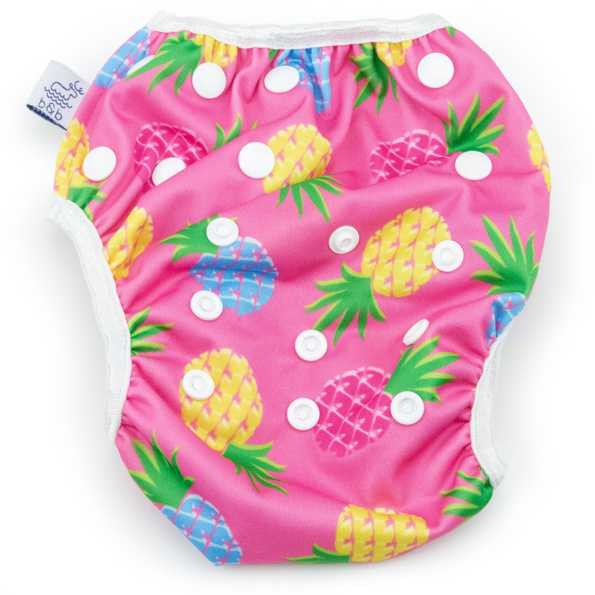 Beau and Belle Littles Swim Diaper, Large Size, light pink background with yellow, dark pink, and blue pineapples, flat lay, front view