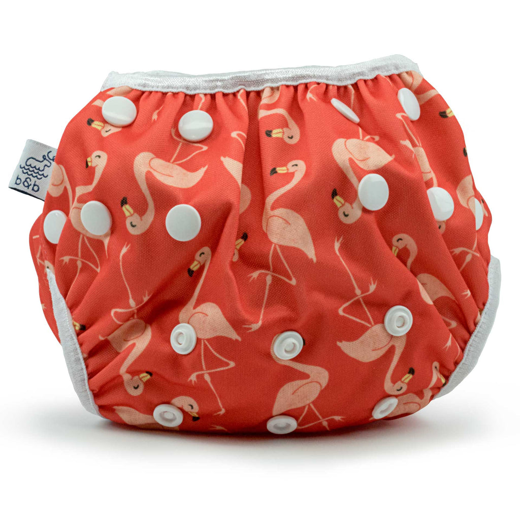 Beau and Belle Littles Swim Diaper, Regular Size, dark pink with light pink flamingos, front view
