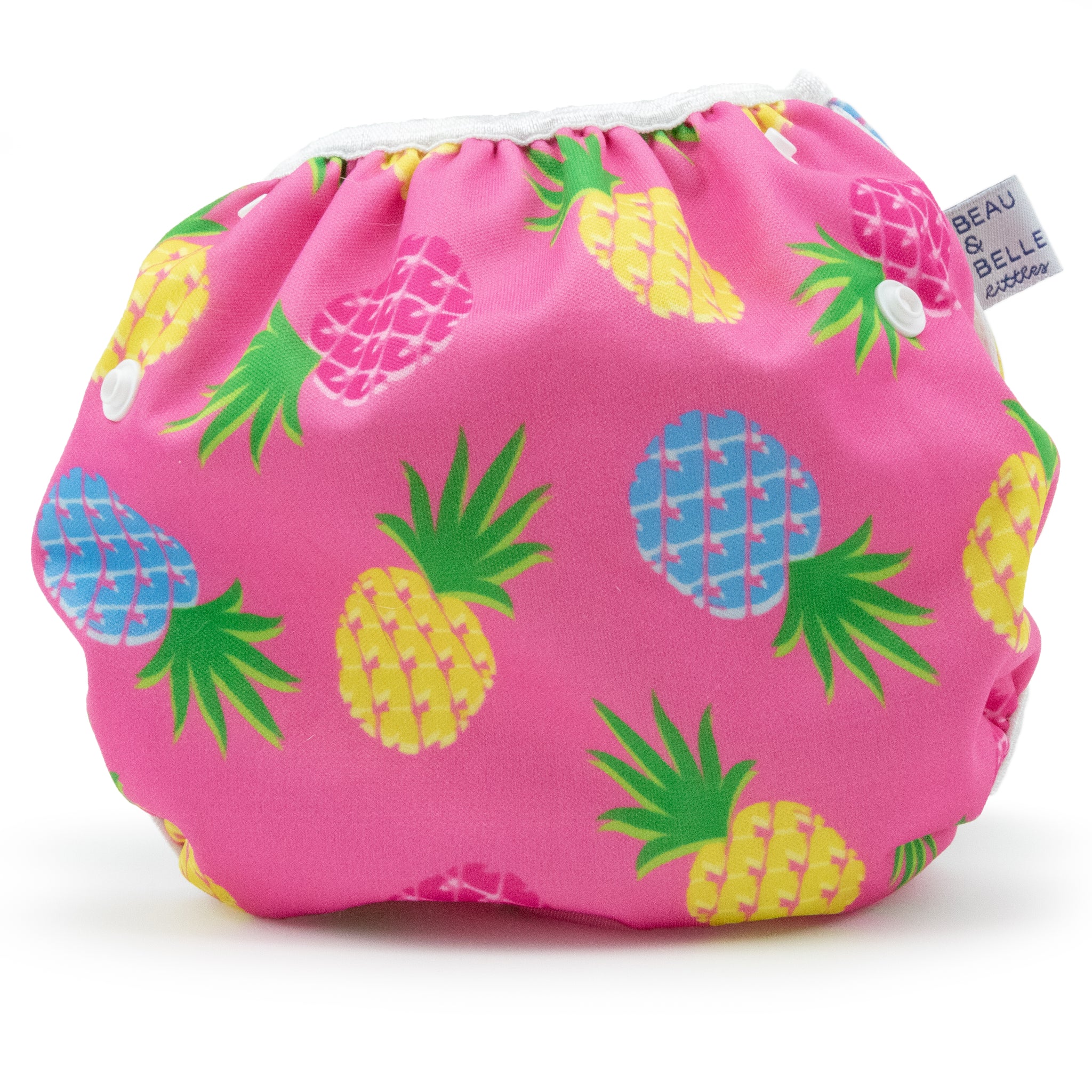 Beau and Belle Littles Swim Diaper, Large Size, light pink background with yellow, dark pink, and blue pineapples, back view