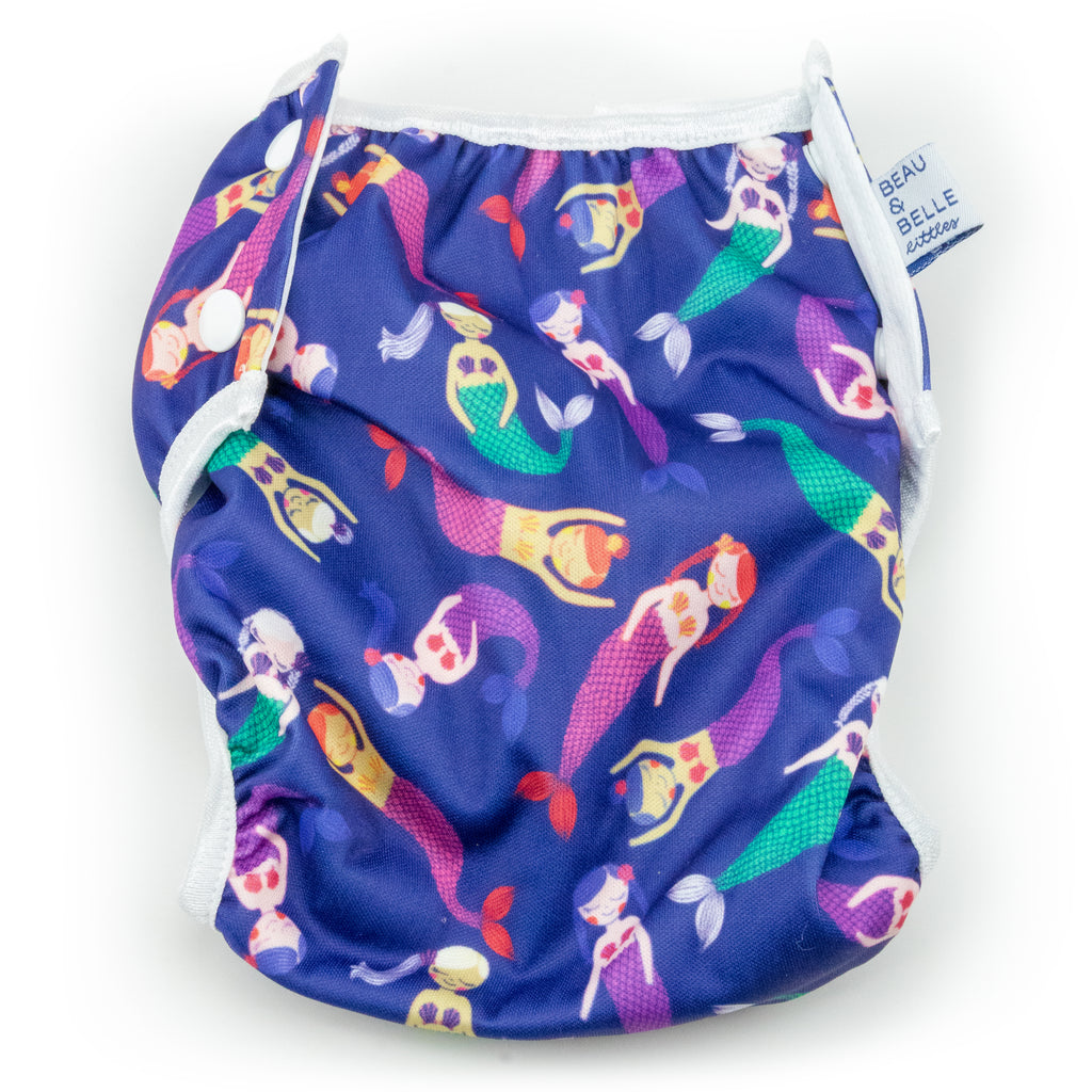 Beau and Belle Littles Swim Diaper, Large Size, dark purple with mermaids, flat lay, back view