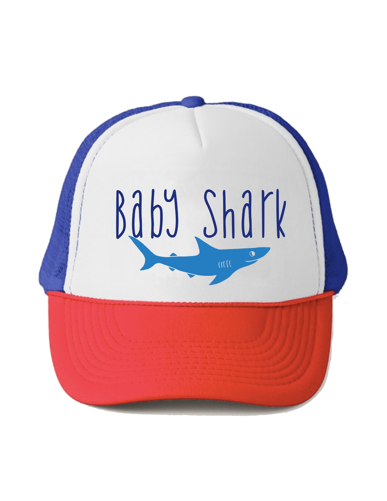 Baby Shark Trucker Hat By Beau and Belle Littles Red White and Blue baby size, youth size