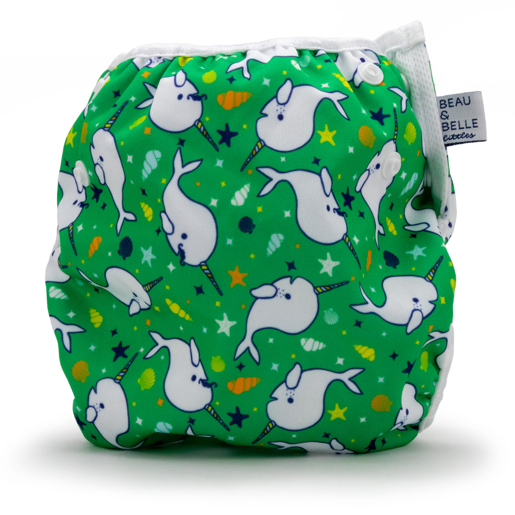Reusable Swim Diaper with a Green Narwhals Design