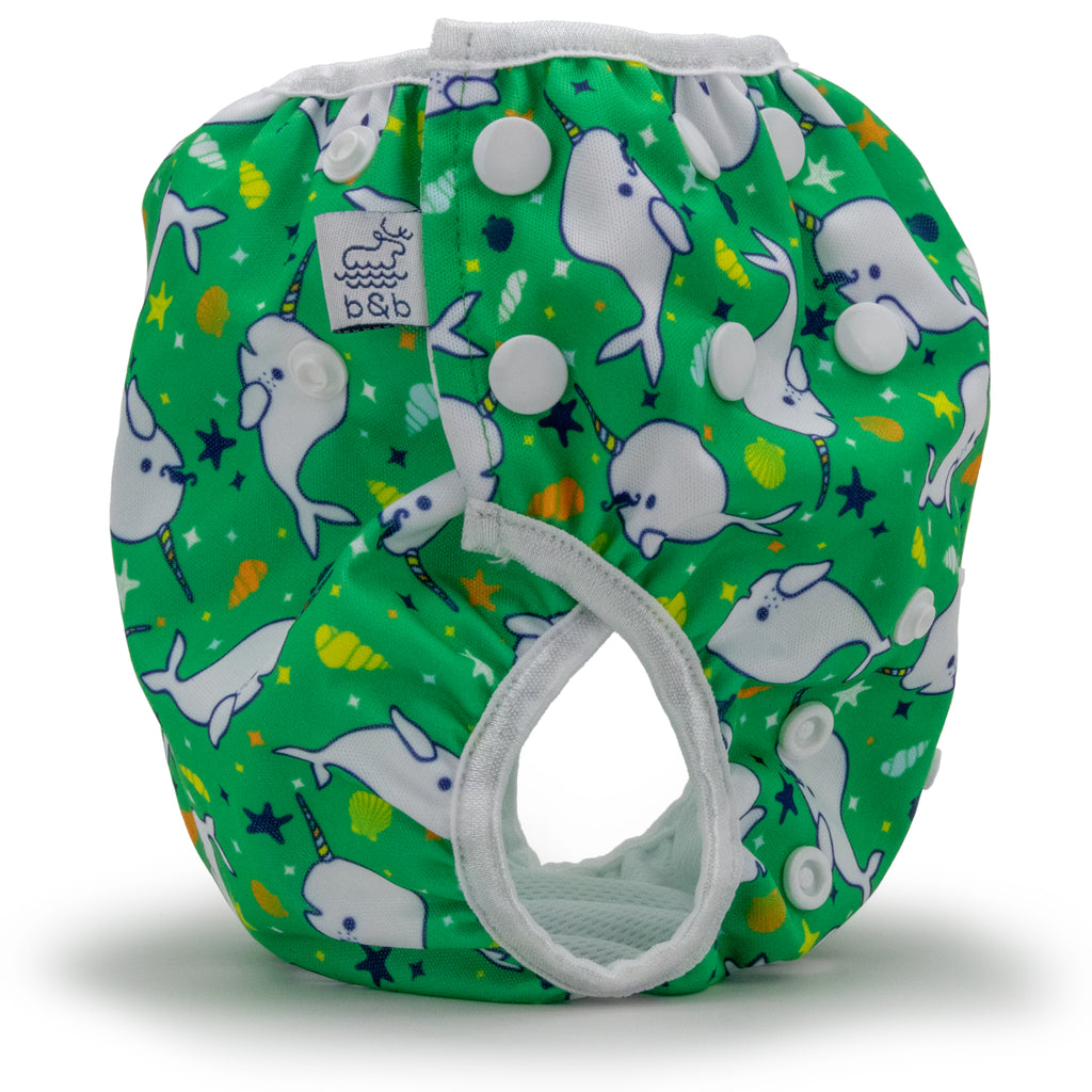 side view of reusable swim diaper, narwhal design
