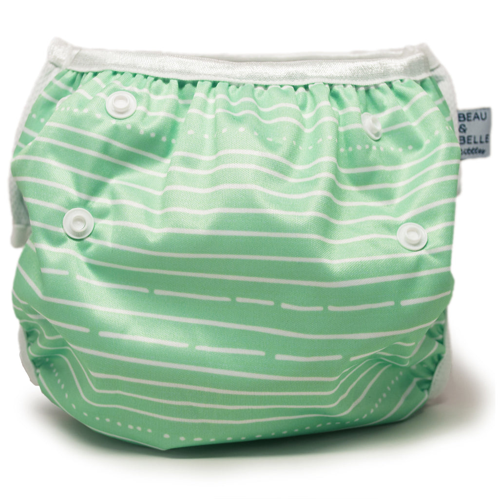 Beau and Belle Littles Swim Diaper, Regular Size, light green with white horizontal pin stripes, back view