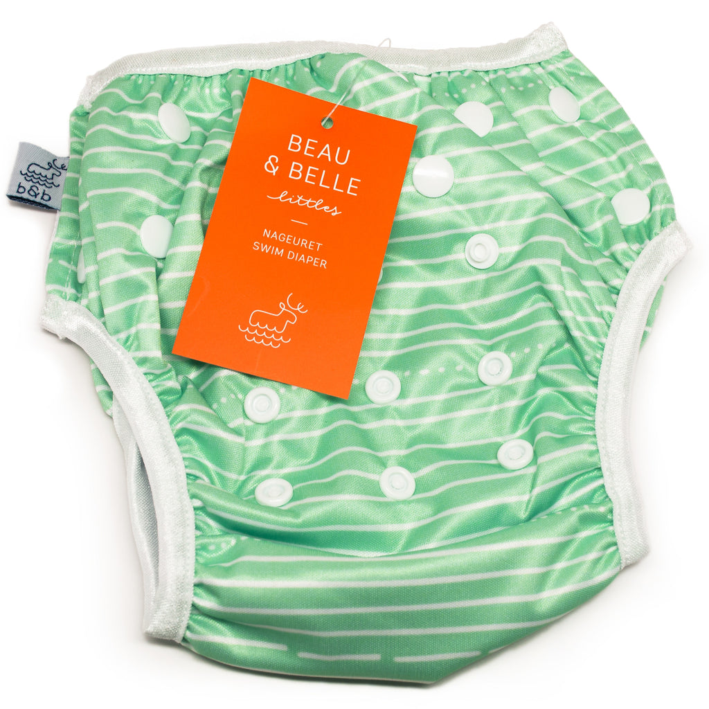 Beau and Belle Littles Swim Diaper, Regular Size, light green with white horizontal pin stripes, laid flat with tag showing