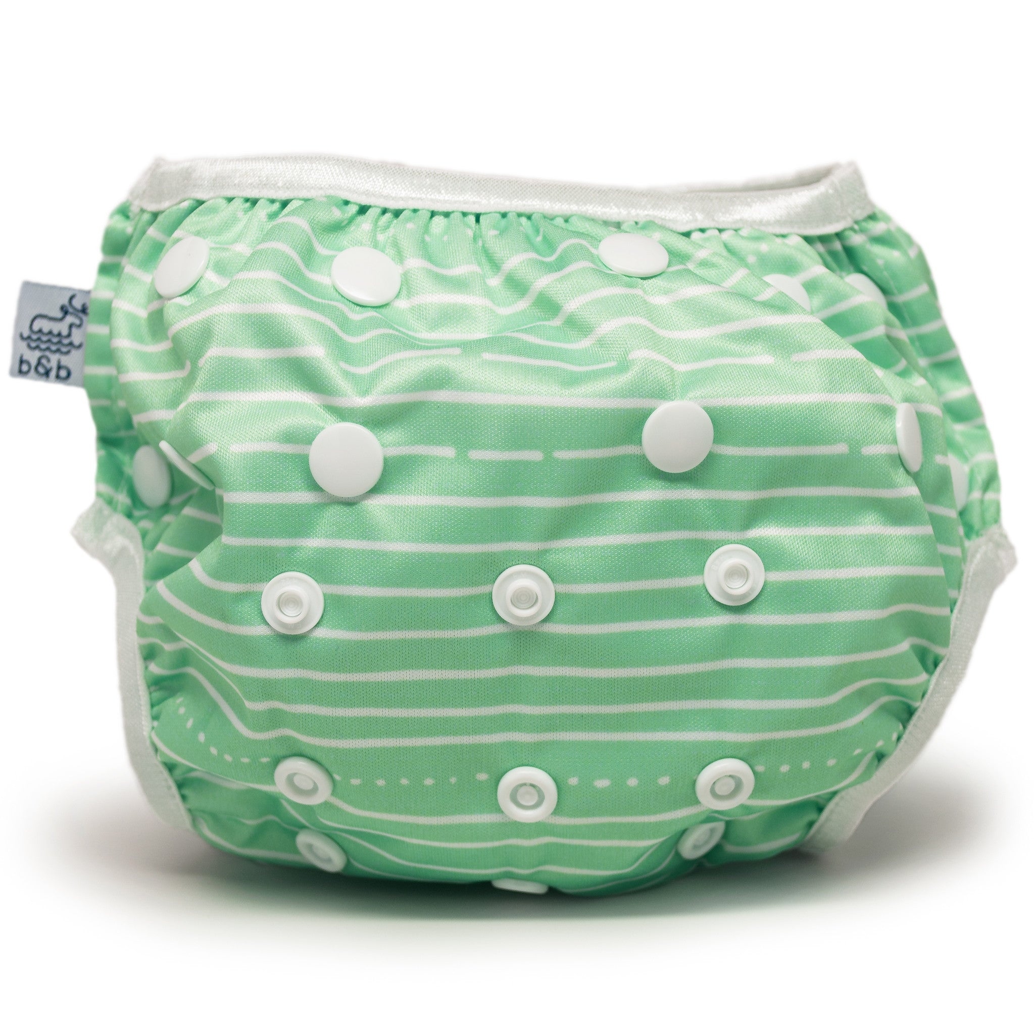 Beau and Belle Littles Swim Diaper, Regular Size, light green with white horizontal pin stripes, front view