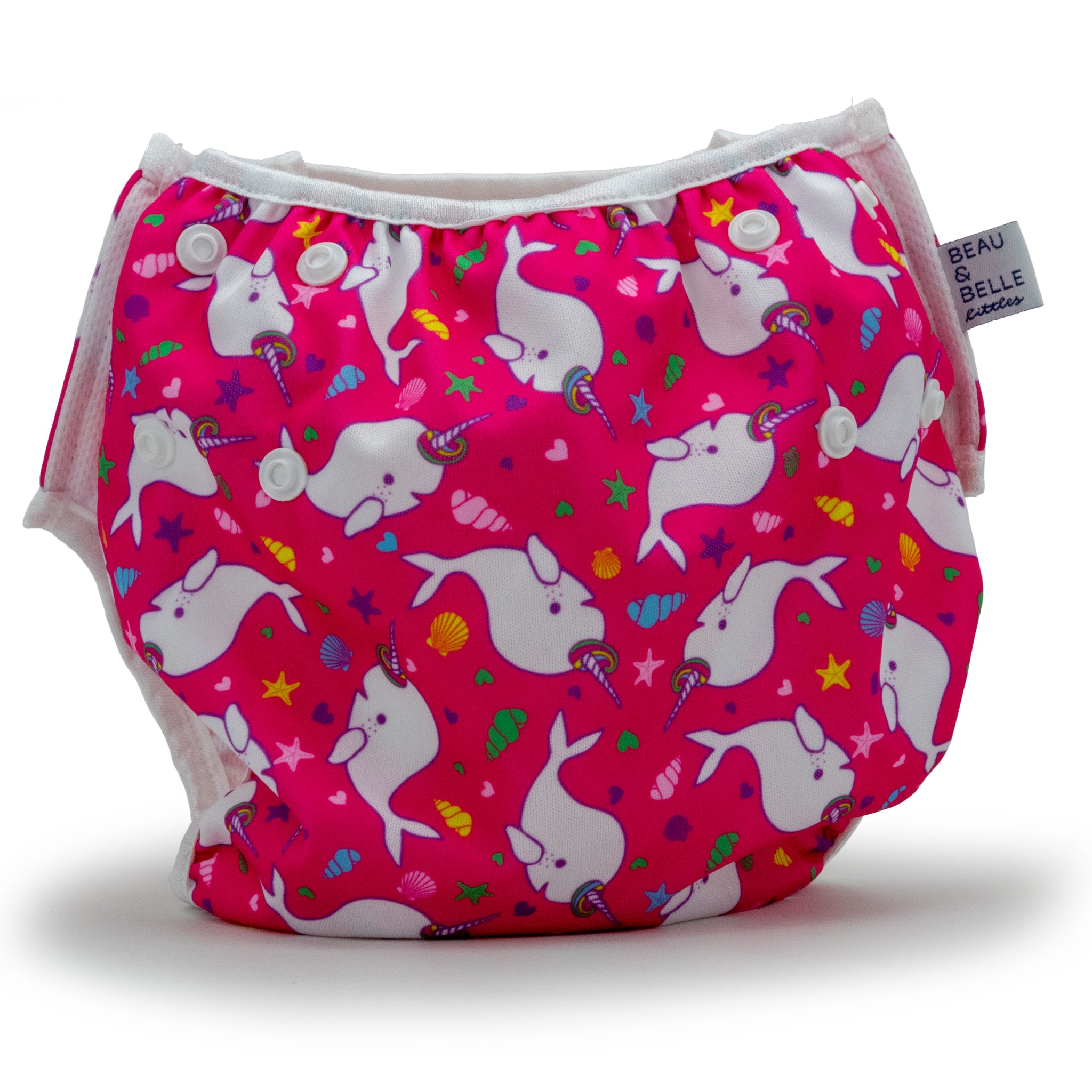 Reusable swim diaper with hot pink narhwal design, rear view, large size.