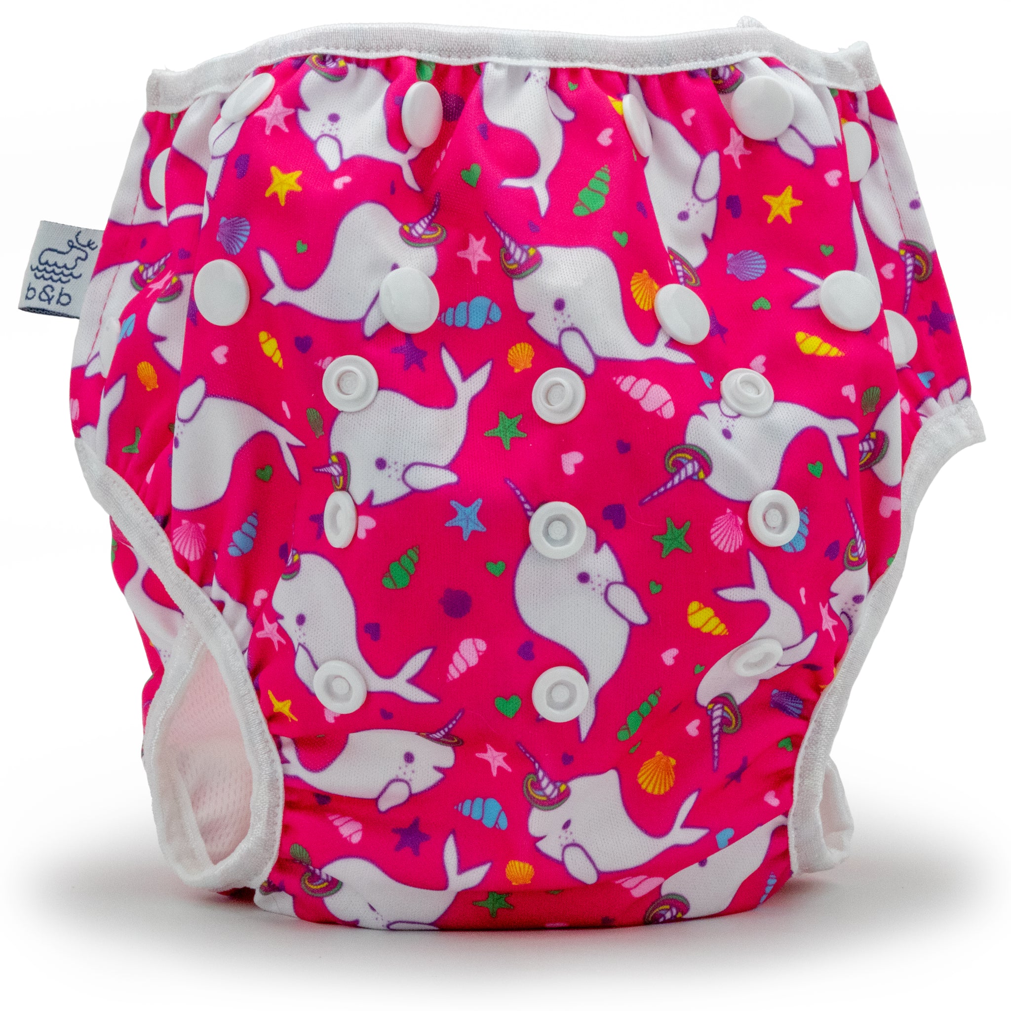 Reusable swim diaper with hot pink narhwal design, large size..