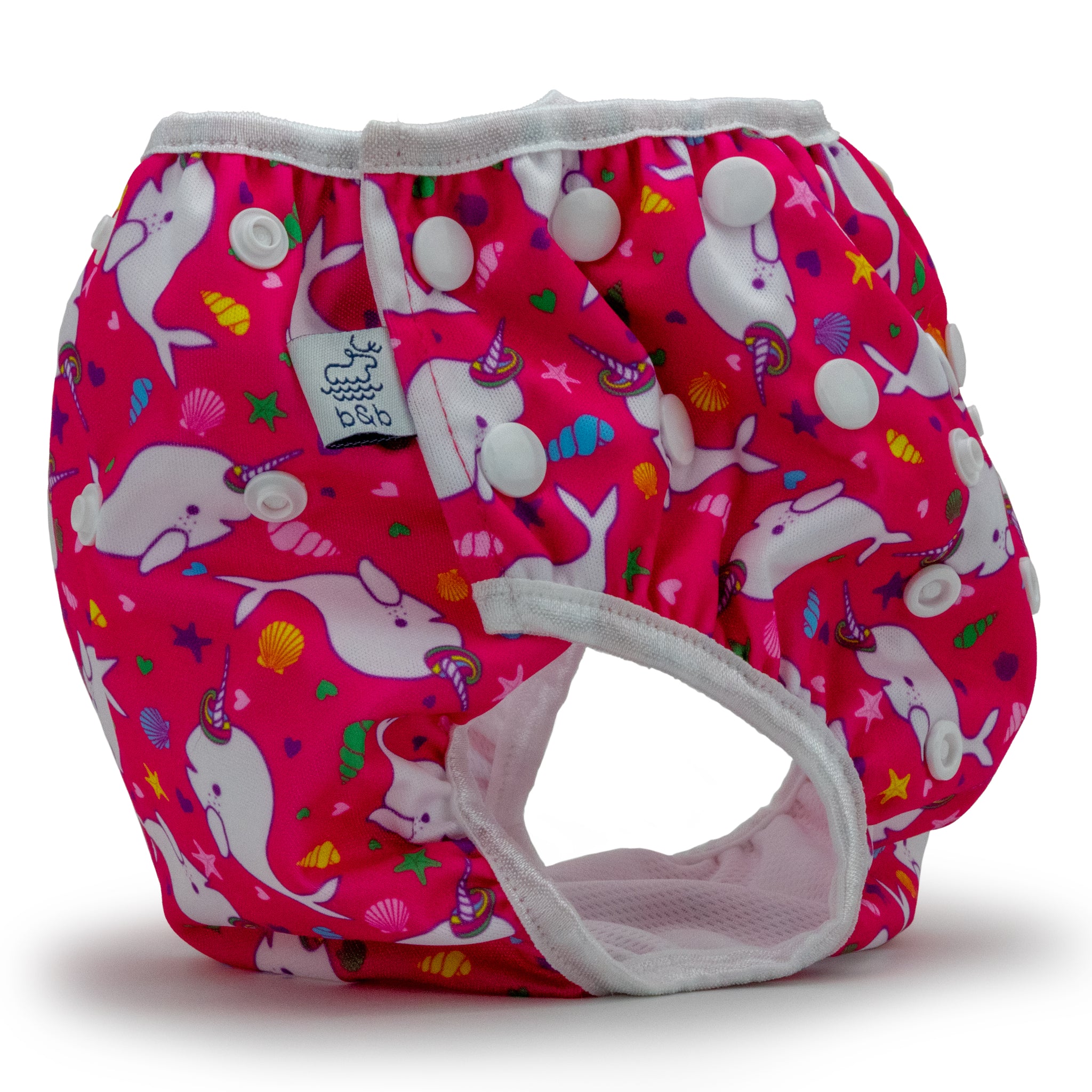 Reusable swim diaper with hot pink narhwal design, side view, large size.