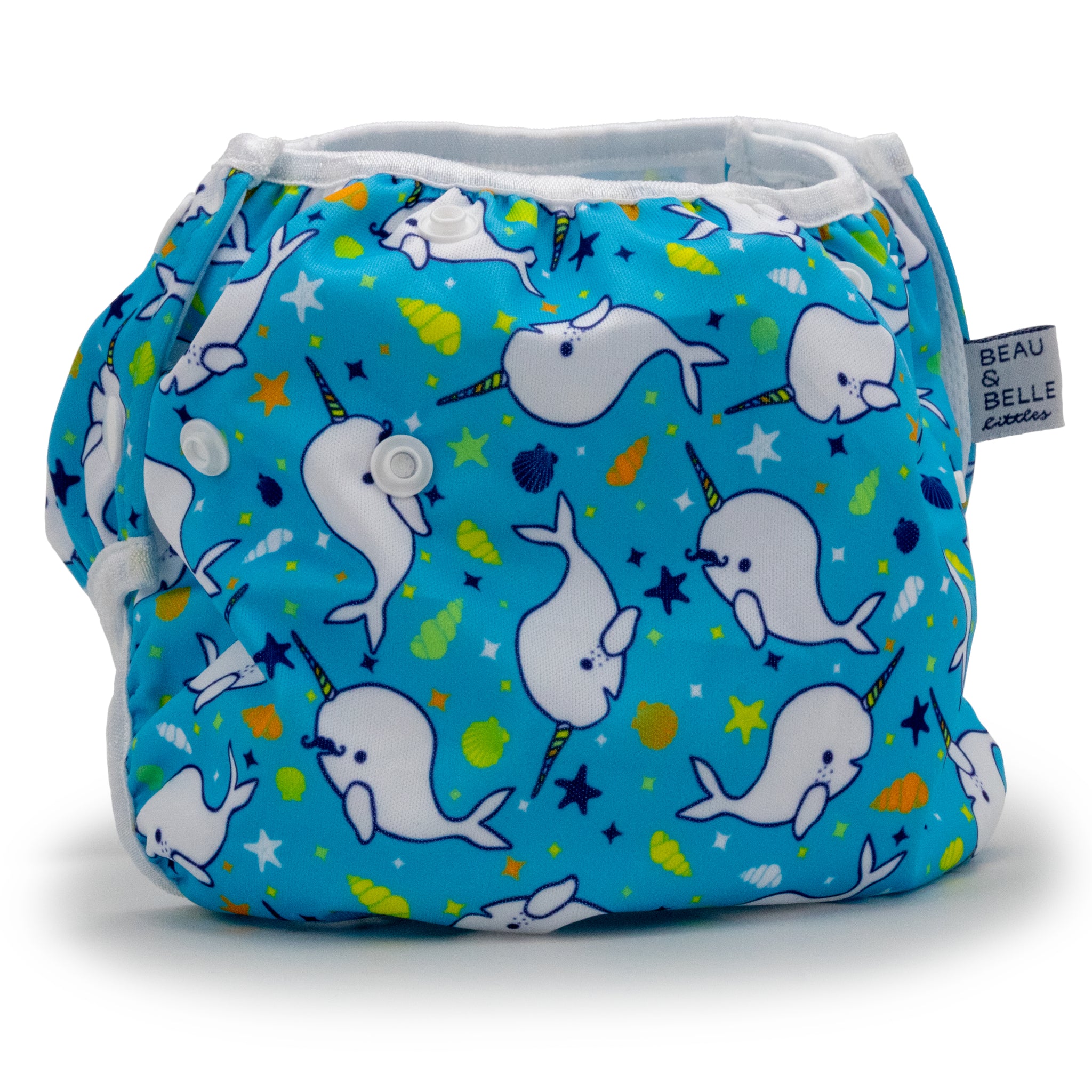 Reusable swim diaper with blue narhwal design, rear view, large size.