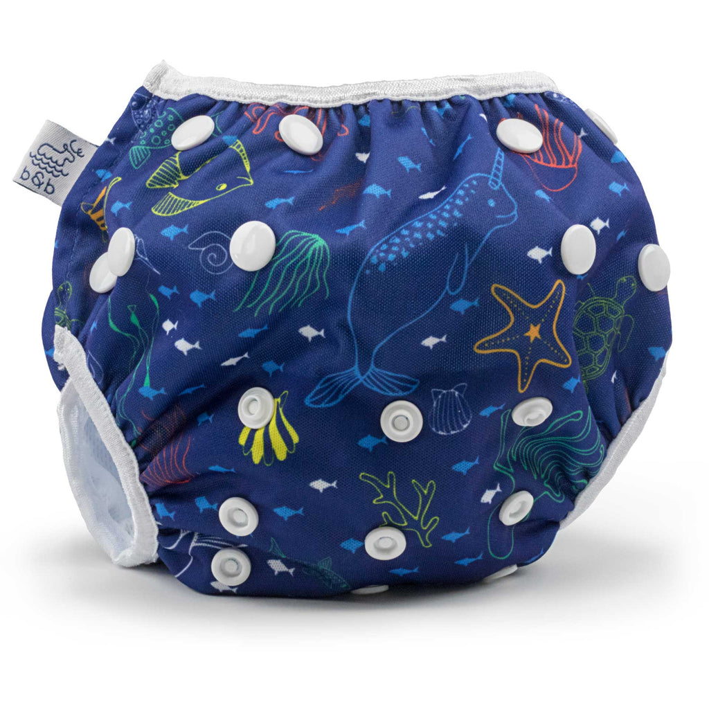 Beau Belle Littles reusable swim diaper, nageuret with sea friends design, front view.