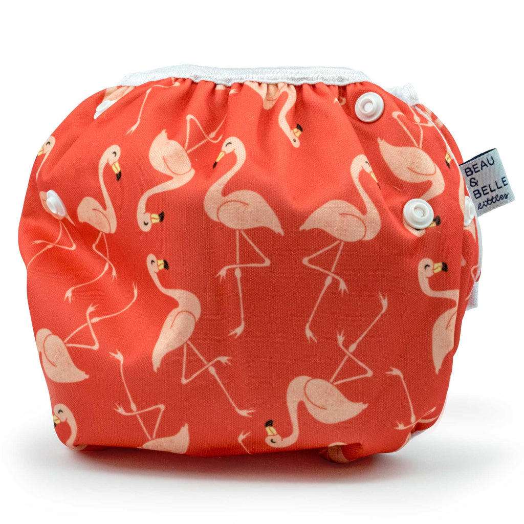 Beau and Belle Littles Swim Diaper, Regular Size, dark pink with light pink flamingos, back view