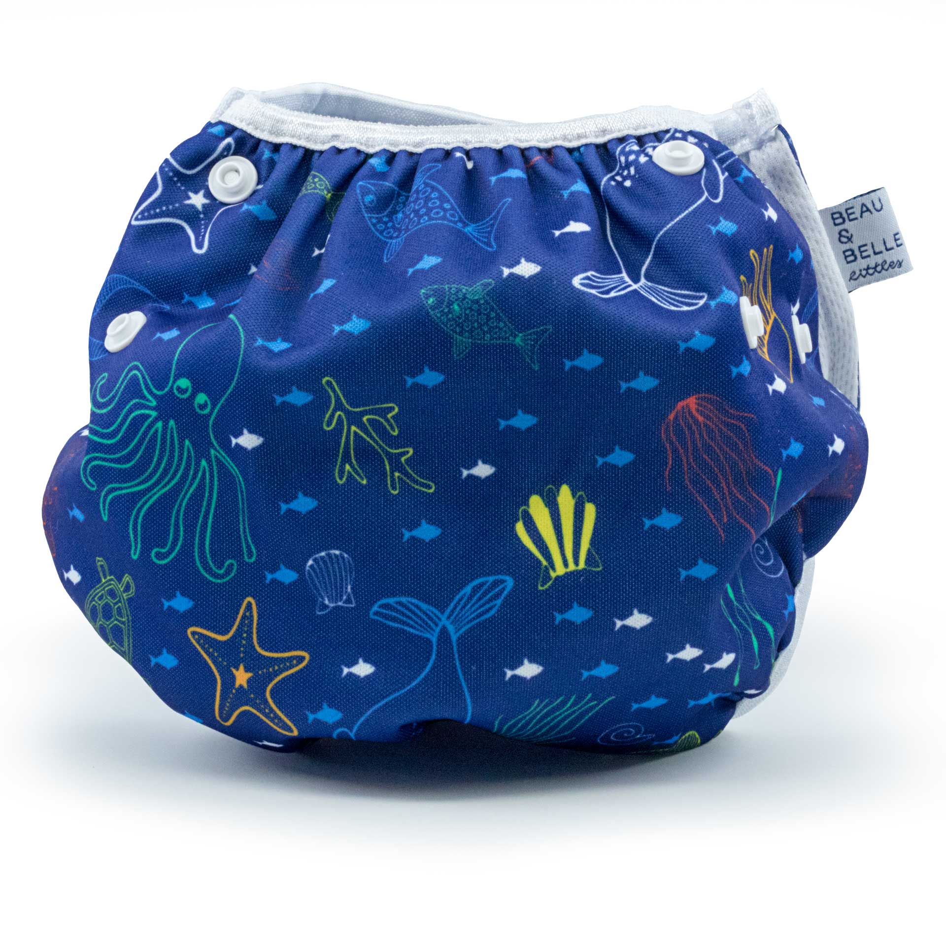 Beau and Belle Littles Swim Diaper, Regular Size, dark blue with outlines of sea creatures, Sea Friends print, back view