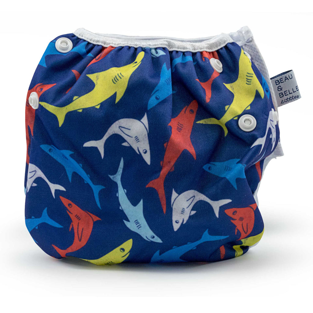 Beau and Belle Littles Swim Diaper, Regular Size, dark blue with sharks, back view