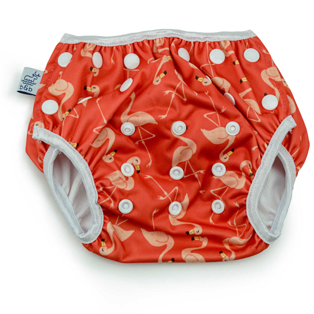 Beau and Belle Littles Swim Diaper, Regular Size, dark pink with light pink flamingos, front view, flat lay
