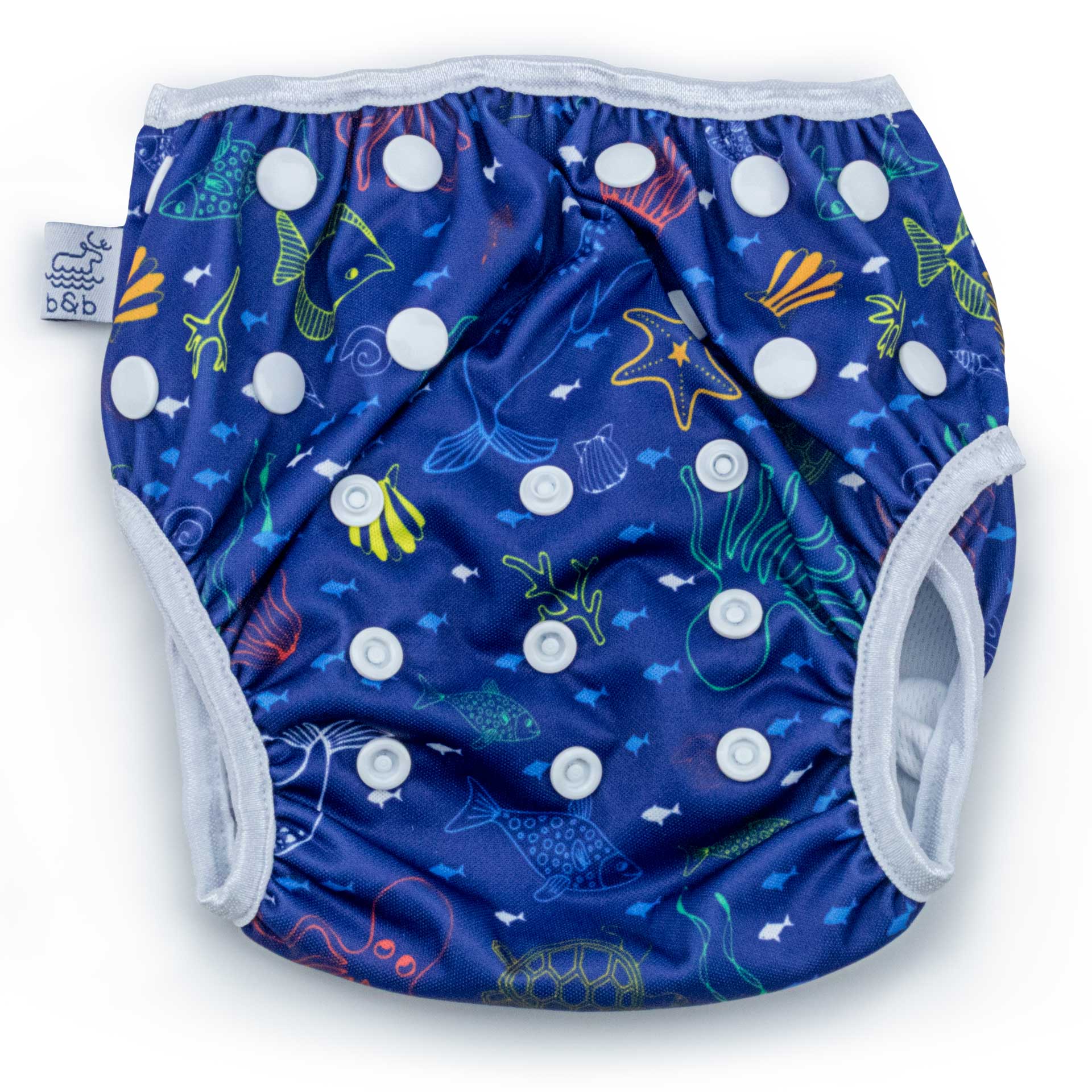 Beau and Belle Littles Swim Diaper, Regular Size, dark blue with outlines of sea creatures, Sea Friends print, flat lay, front view