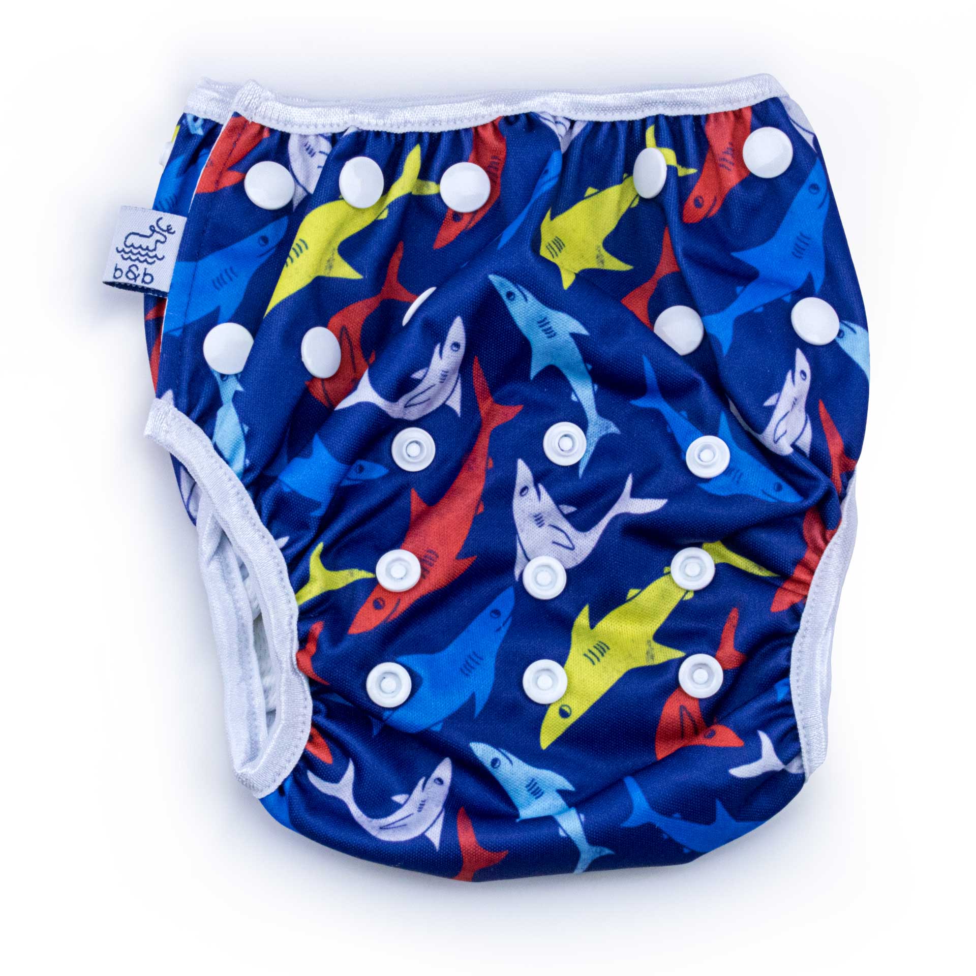 Beau and Belle Littles Swim Diaper, Regular Size, dark blue with sharks, flat lay, front view