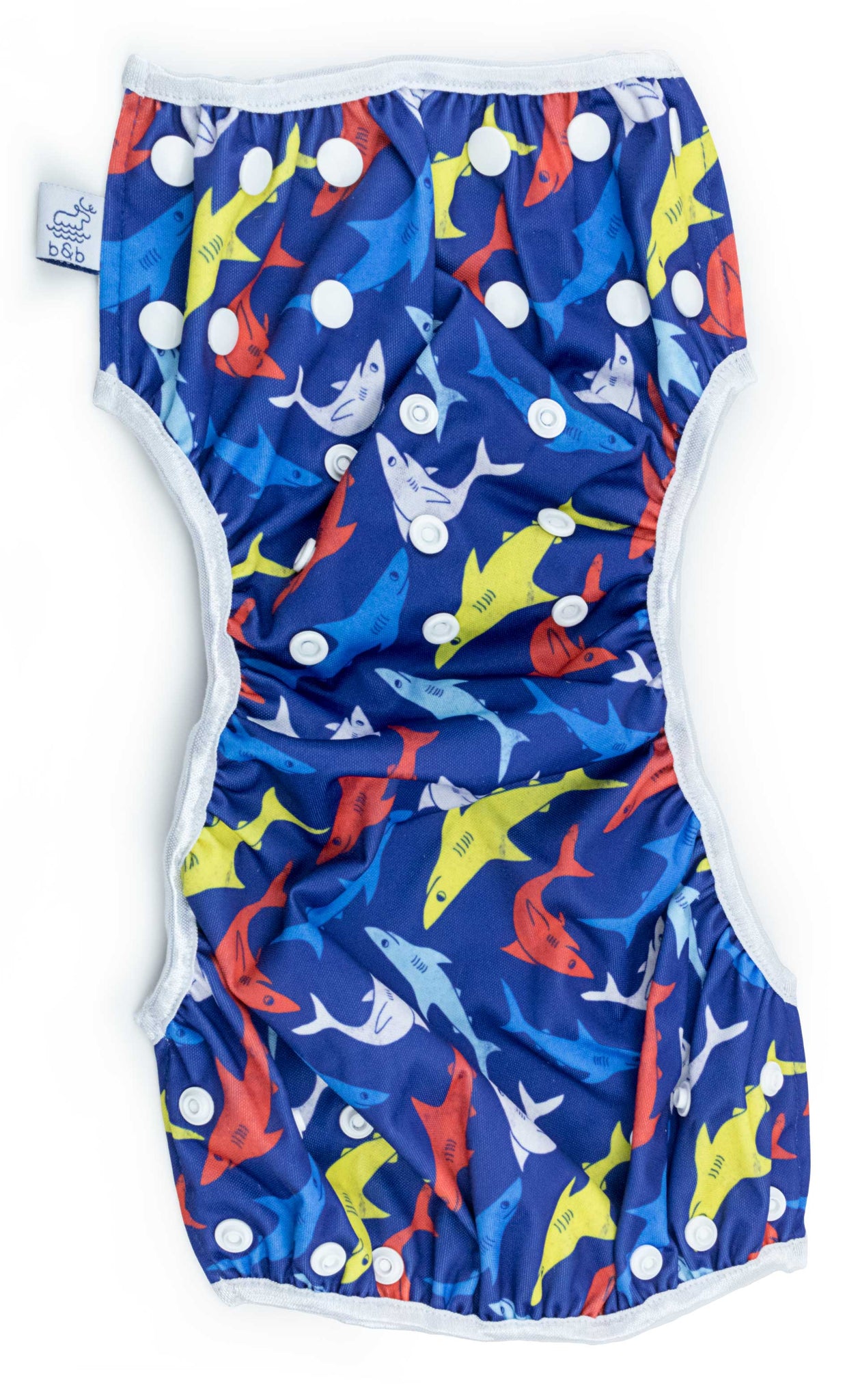 Beau and Belle Littles Swim Diaper, Regular Size, dark blue with sharks, unbuttoned and laid flat