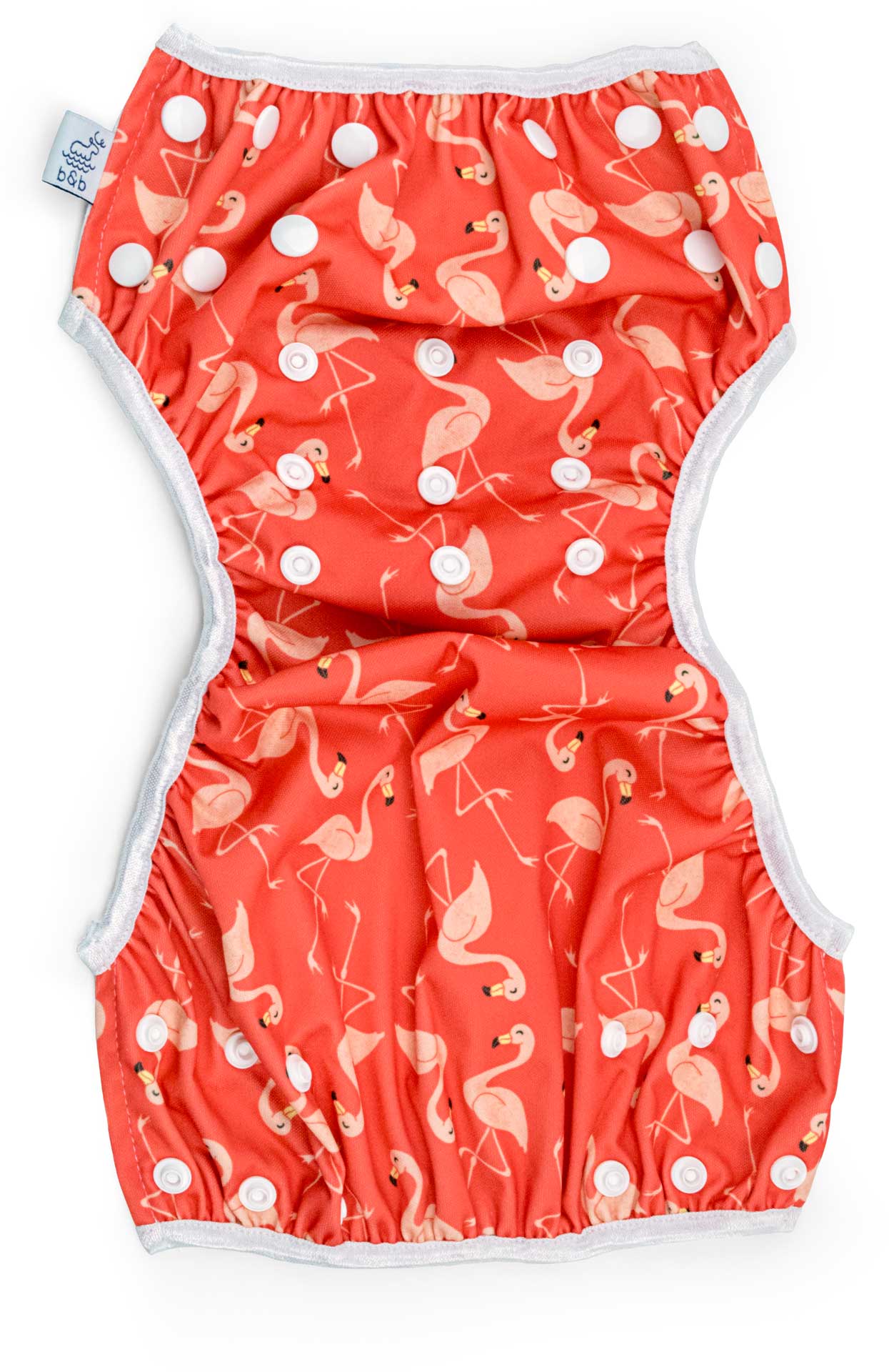 Beau and Belle Littles Swim Diaper, Regular Size, dark pink with light pink flamingos, unbuttoned and laid out flat