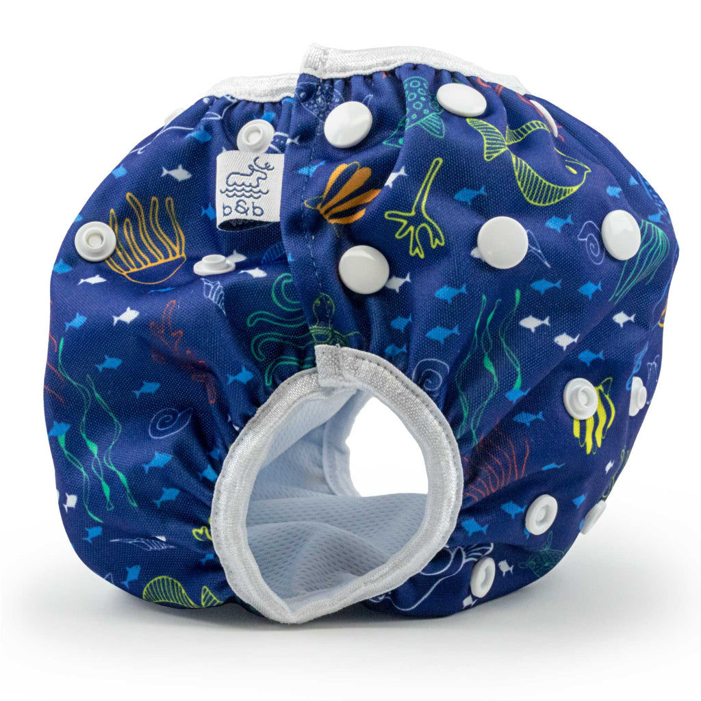 Beau and Belle Littles Swim Diaper, Regular Size, dark blue with outlines of sea creatures, Sea Friends print, side view