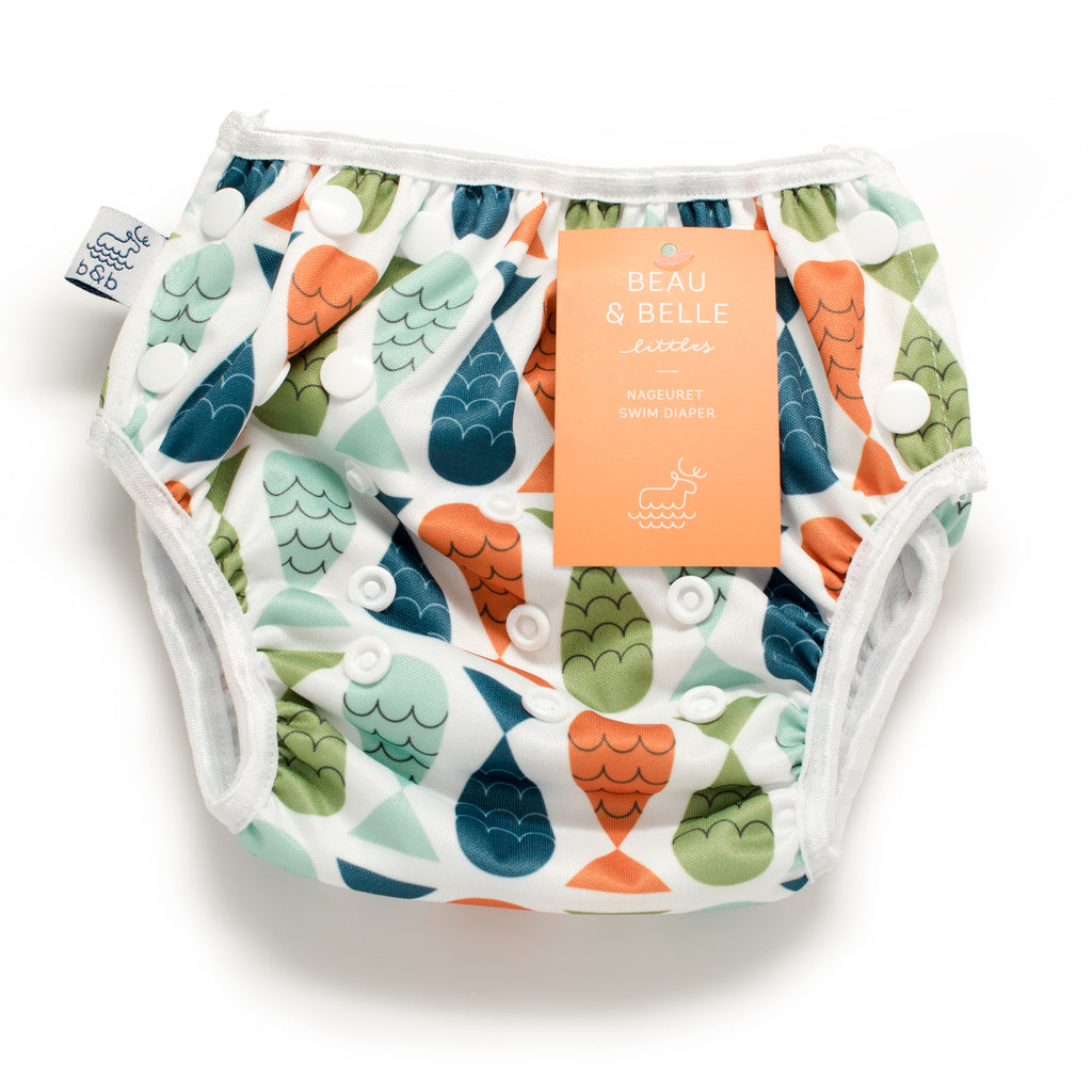 Beau and Belle Littles Swim Diaper, Regular Size, fish print, flat lay, front view with product tag