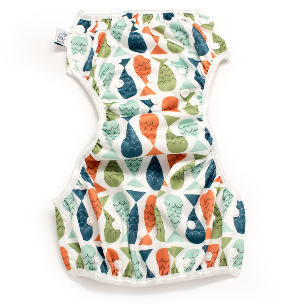 Beau and Belle Littles Swim Diaper, Regular Size, fish print, unbuttoned and laid flat